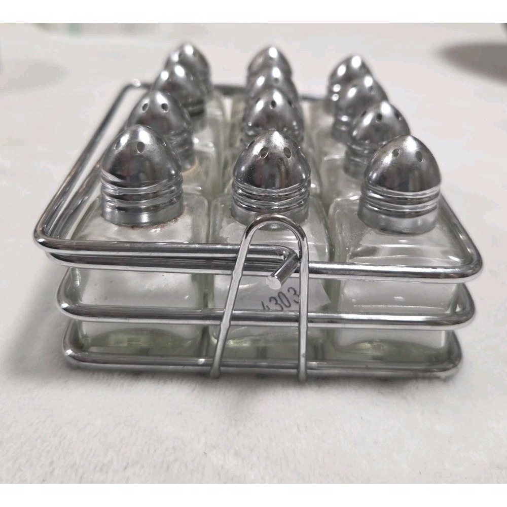 Clear Glass Mini Salt & Pepper Shakers Set of 6 with Chrome Basket w/Handle